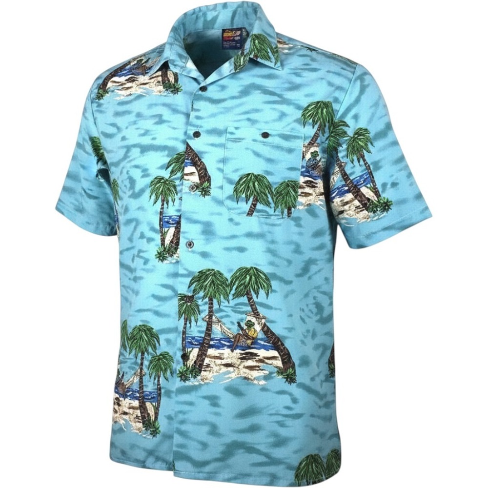 Billion Bay Tropical Island Print Hawaiian Shirt Mens Large Blue Polyester